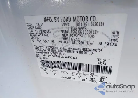 2012 Ford F-150 Xl from USA, damaged, VIN 1FTMF1EM5CFA45759